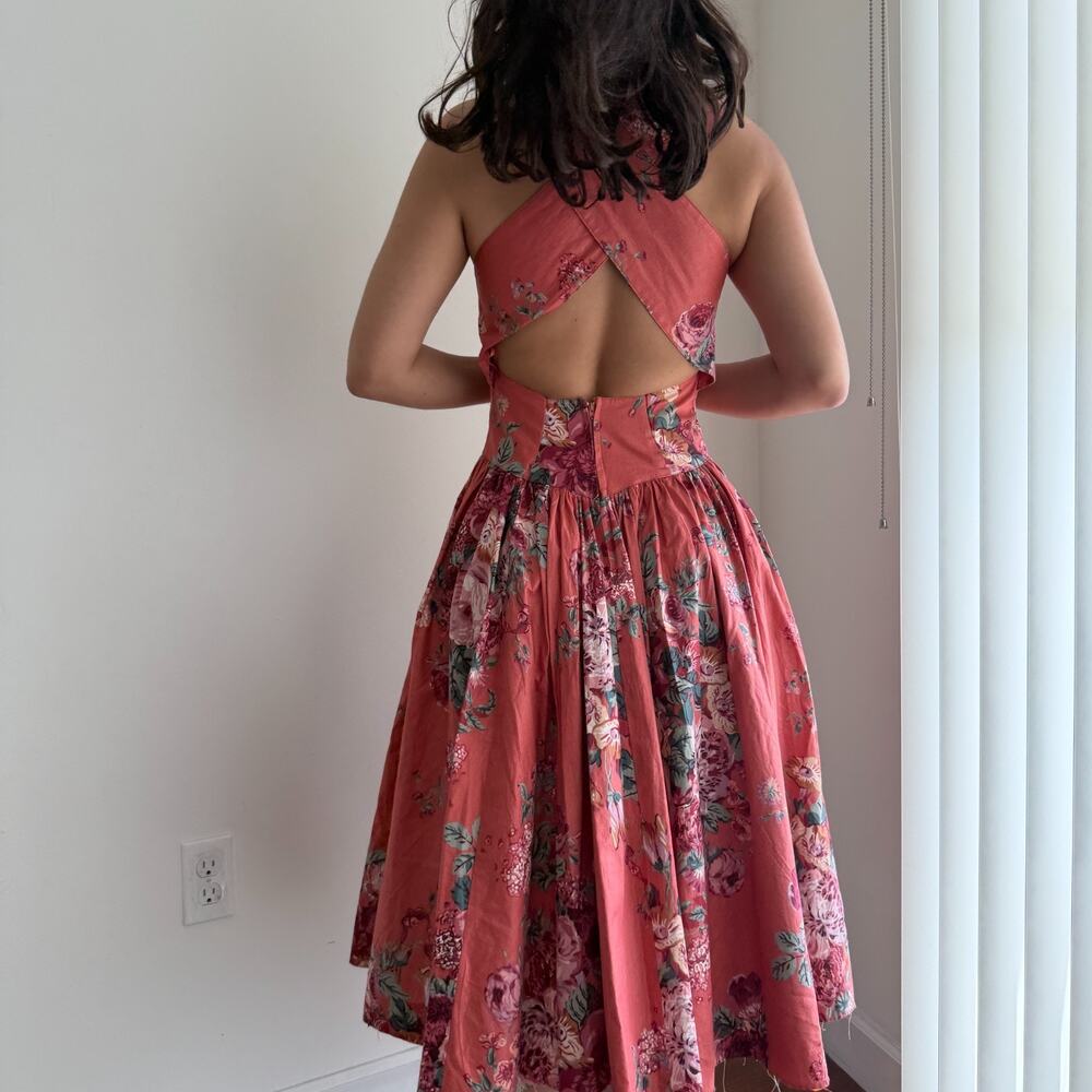 Vintage 90s Floral Dress Small Fit Flare Basque Waist Romantic Garden 50s Style - Picture 4 of 15